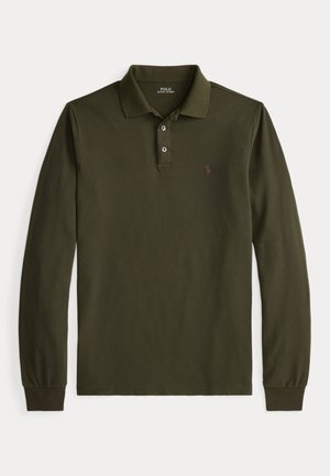 Tmavozelené polokošeľa s dlhým rukávom, golierom, dvoma prednými gombíkmi a malým vyšívaným logom na ľavej strane hrude.