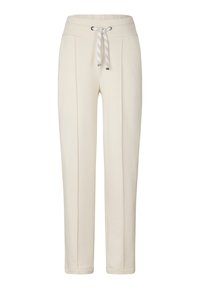 Lichtbeige sweatpants van zachte stof, met een tailleband met trekkoord en gestreepte accenten, verticale naden en tapered benen.