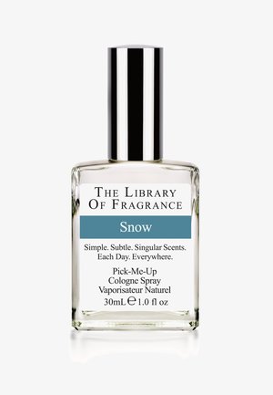 Bottiglia di vetro trasparente con un cappuccio argentato, etichettata "Snow." Contiene 30 mL di spray per colonie. Schema di colori bianco e verde acqua con testo stampato.