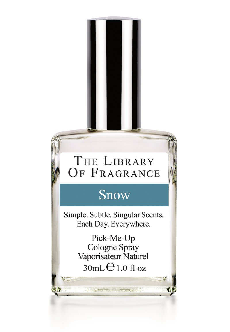 Genomskinlig glasflaska med ett silverfärgat lock, märkt "Snow." Innehåller 30 ml parfymsprej. Vit och teal färgschema med tryckt text.