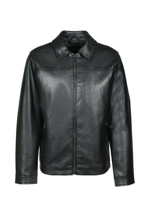 Zwarte leren jas met een rits aan de voorkant, kraag, lange mouwen en ritssluitingen aan de zijkanten, afgebeeld op een witte achtergrond.