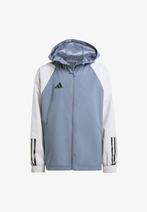 Veste bleu clair avec des manches blanches, fermeture éclair à l'avant, capuche ajustable et rayures noires sur les poignets ; présente un logo sur la poitrine gauche.