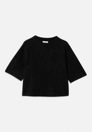 Sweater noir court en peluche avec des manches larges arrivant aux coudes et un col rond, posé à plat sur un fond blanc.