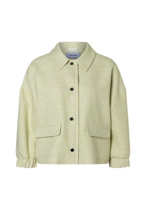 Hellgrüne Jacke zum Knöpfen mit weitem Kragen, zwei vorderen Klappentaschen und elastischen Bündchen an den langen Ärmeln.