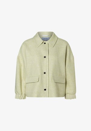 Hellgrüne Jacke zum Knöpfen mit weitem Kragen, zwei vorderen Klappentaschen und elastischen Bündchen an den langen Ärmeln.