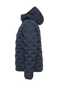 Granatowa kurtka puchowa z kapturem, z pikowanym wzorem, zapinana na zamek, z boczną kieszenią. Prosty design i gładki materiał.