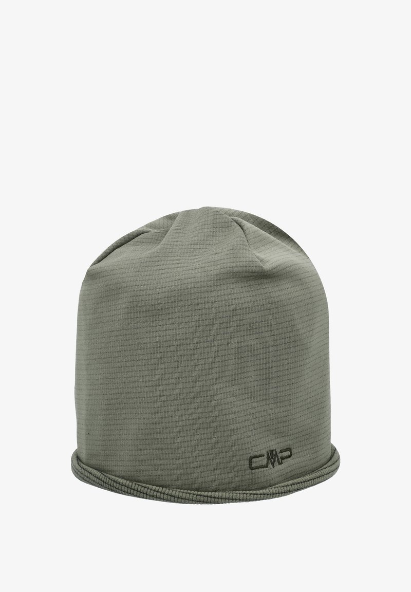 Grön mössa i strukturerad tyg med en ribbad kant i nederkant och en broderad CMP-logotyp på sidan.