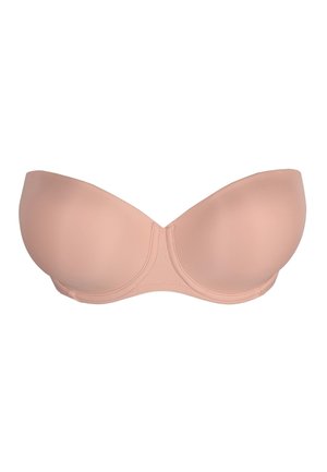 Reggiseno beige senza spalline con coppe lisce e imbottite. Presenta una leggera curvatura e un design senza cuciture, realizzato in un tessuto morbido e elasticizzato.