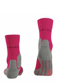 Chaussettes FALKE en rose vif avec des sections grises au talon et aux orteils. Bord côtelé, semelle renforcée et points de grip en caoutchouc pour une meilleure adhérence.