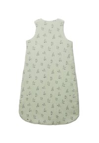 Saco de couchage en coton vert clair avec de petites illustrations d'animaux noirs, design sans manches, ourlet arrondi et détail avec boutons-pression sur le côté.