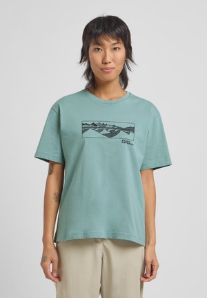 Lichtgroene katoenen t-shirt met korte mouwen, voorzien van een zwart berglandschap grafiek en logo in het midden. Rechte zoom.