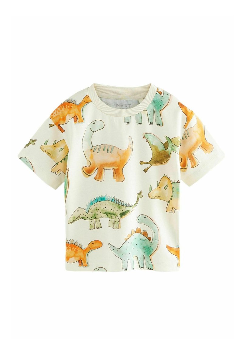 Kurzarm-T-Shirt in Creme mit bunten Dinosauriermustern. Hergestellt aus weichem Stoff, mit Rundhalsausschnitt und lockerer Passform.