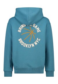 Teal hooded sweatshirt featuring "BRING THE GAME" and basketball graphic in orange on the back. Cotton blend material with ribbed cuffs.