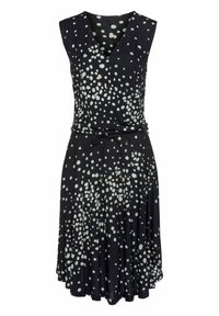 Schwarzes ärmelloses Kleid mit V-Ausschnitt, tailliertem Design und verstreuten weißen Punkten. Aus einem weichen, fließenden Stoff gefertigt.