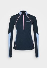 Długi rękaw sportowa koszulka w ciemnym granacie, z jasnoniebieskimi panelami bocznymi, różowym zamkiem i siateczkowymi akcentami na ramionach. Odbijający logo detal.