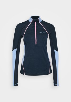 Tricou sportiv cu mânecă lungă, de culoare bleumarin închis, cu panouri laterale de culoare albastru deschis, fermoar roz și accente din plasă pe umeri. Detalii reflectorizante cu logo.