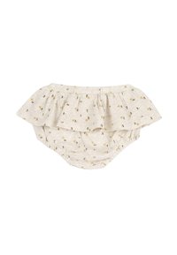 Culottes froncées beige clair avec un petit imprimé floral jaune et gris. Tissu en coton doux, taille élastique pour plus de confort.