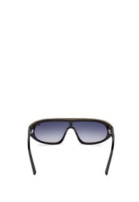 Zwarte zonnebril met een rechthoekig montuur, gradient grijze lenzen en dunne gouden accenten op de bovenrand. Glanzend plastic materiaal.