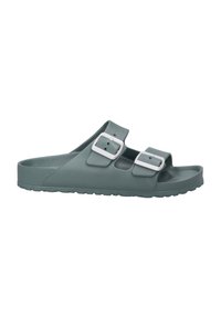 Green rubber slide sandal with two white adjustable buckles, featuring a textured footbed and a thick sole for added grip.