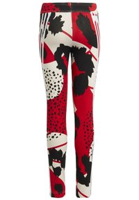 Leggings med et dristigt rødt, sort og hvidt abstrakt blomstermønster, lavet af strækbart stof med en tætsiddende pasform.