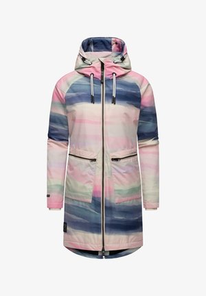 Long, hooded coat with a water-color pattern in pink, blue, and green. Features zip closures, two front pockets, and elastic drawstrings on the hood.