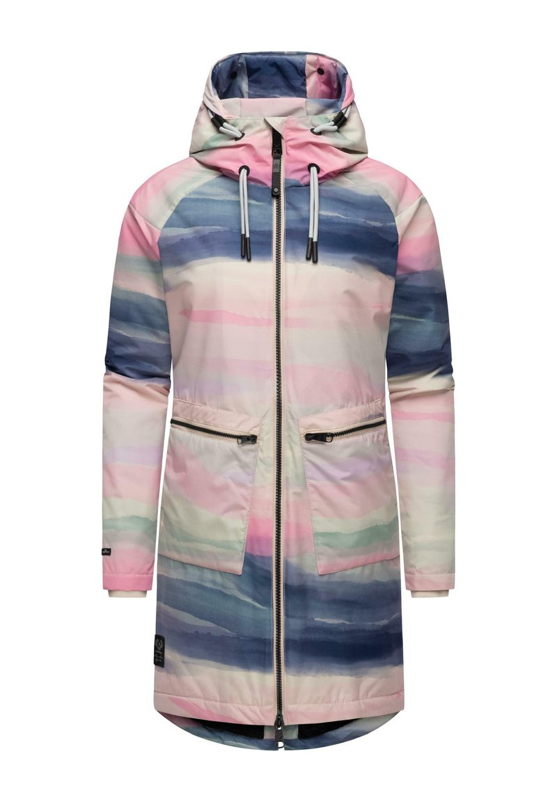 Cappotto lungo con cappuccio caratterizzato da un motivo acquerellato nei toni del rosa, blu e verde. Presenta chiusure con zip, due tasche frontali e cordini elastici sul cappuccio.