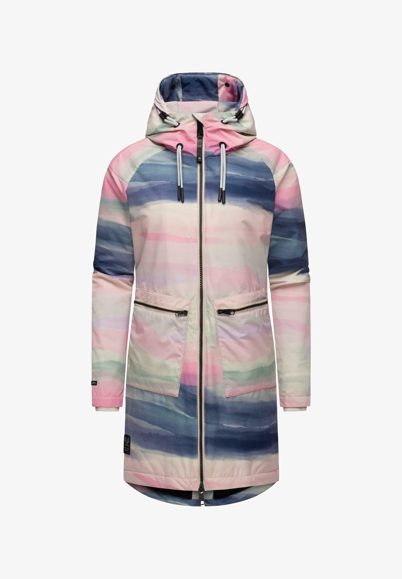 Lange, gewatteerde jas met een aquarelpatroon in roze, blauw en groen. Voorzien van ritssluitingen, twee voorkzakken en elastische koordjes op de capuchon.