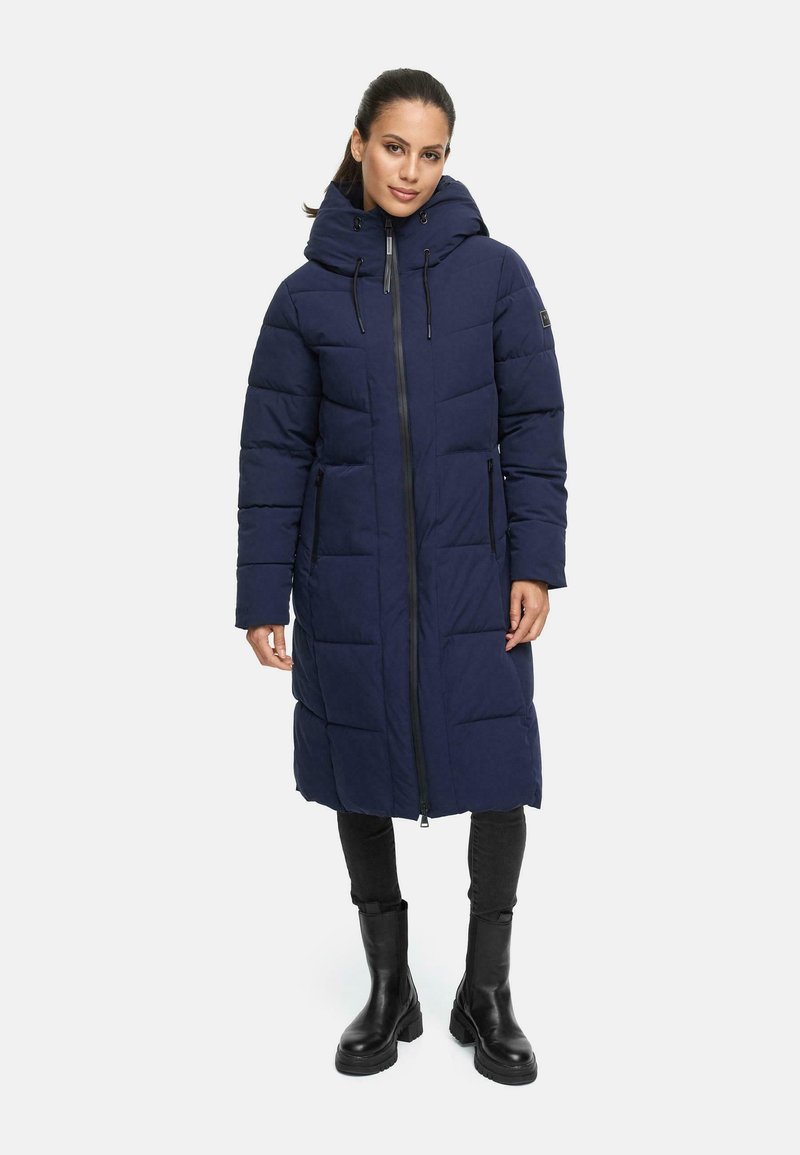 Navy blue long puffer coat with a hood, featuring quilted design, zipper front, two side pockets, and adjustable drawstring at the collar.