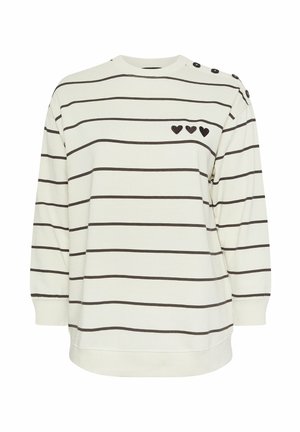 Langärmeliges weißes Hemd mit schwarzen horizontalen Streifen, drei schwarzen Herzmotiven auf der Brust und vier schwarzen Knöpfen auf der linken Schulter.