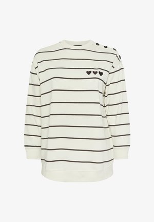 Long-sleeve white shirt with black horizontal stripes, three black heart motifs on chest, and four black buttons on left shoulder.