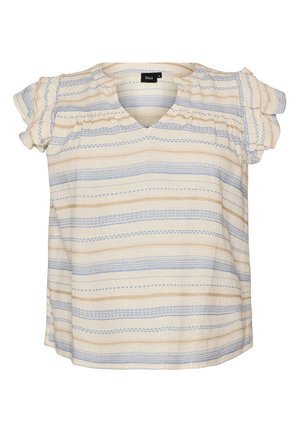 Cremefarvet bluse med blå og beige vandrette striber, korte flæseærmer og V-hals krave, størrelse 42, mærket Zizzi.
