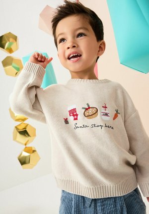 Beige gestrickter Pullover mit festlichem Stickdesign von Strümpfen, Keksen und einer Karotte, mit gerippten Bündchen und Saum. Kombiniert mit blauen Kordhosen.