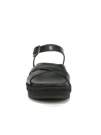 Black leather sandals with crisscross strap design, adjustable buckle, and a textured black rope sole. Simple and flat profile.