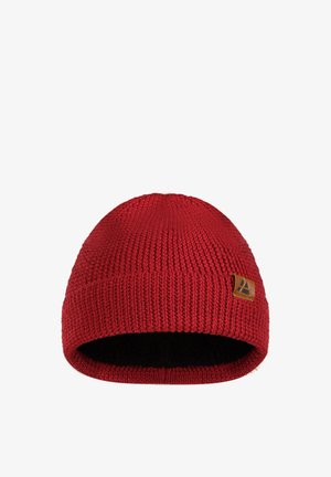 Gorro de punto rojo con textura acanalada, con un ala doblada y una etiqueta de cuero marrón. Interior forrado con tela suave para mayor calidez.
