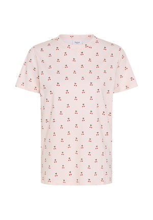 Lichtroze T-shirt met korte mouwen en ronde hals, bedrukt met een all-over patroon van kleine rode kersparen met groene steeltjes.