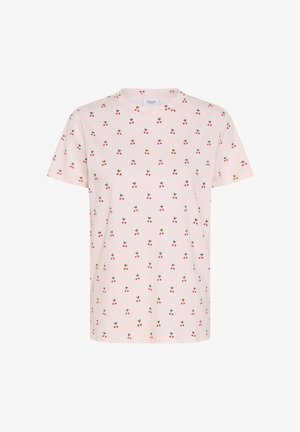 Tricou roz deschis cu mâneci scurte și guler rotund, cu un model integrat de perechi mici de cireșe roșii cu codițe verzi.