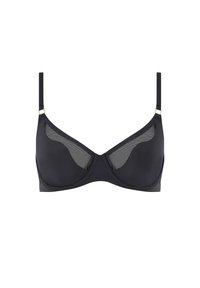 Black bra made of smooth fabric with sheer mesh panels. Underwire support, adjustable straps, and gold hardware accents.