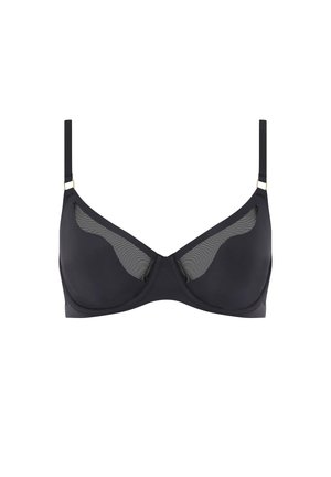 Black bra made of smooth fabric with sheer mesh panels. Underwire support, adjustable straps, and gold hardware accents.