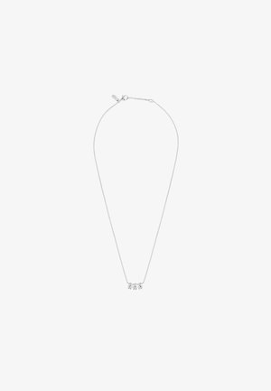 Srebrny naszyjnik z trzema małymi zawieszkami o wypolerowanej powierzchni na delikatnym łańcuszku. Zawiera zapięcie.