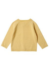 Gelb gestrickter Pullover mit langen Ärmeln, geripptem Halsauschnitt und gewelltem Saum. Glatte Textur, keine sichtbaren Muster oder Hardware-Details.