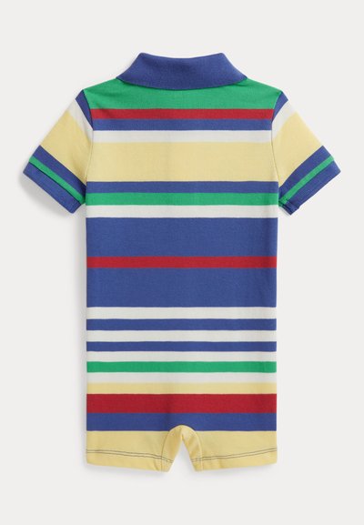 Φορμάκι στυλ πόλο με πολύχρωμες οριζόντιες ρίγες σε μπλε, κίτρινο, πράσινο, κόκκινο και άσπρο· κοντά μανίκια με γιακά.