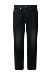 Pantalones vaqueros de mezclilla negra con un diseño de pierna recta, estilo de cinco bolsillos, costuras visibles y una sutil textura deslavada. Cuenta con un botón frontal y cremallera.