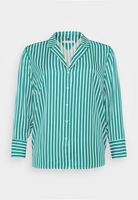 Chemise à rayures vertes et blanches, dotée d'un col, de manches longues, d'une fermeture à boutons à l'avant et de poignets rayés contrastants, fabriquée en tissu léger.