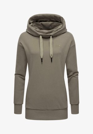 Kapuzensweatshirt in gedämpftem olivgrün, mit lockerer Passform, strukturiertem Material, Kordelzug am Kragen sowie gerippten Bündchen und Saum.