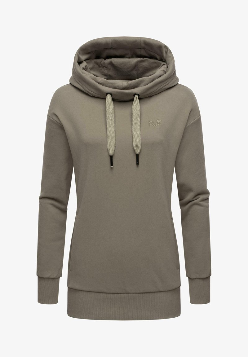 Hoodie i dämpad olivgrön, med en avslappnad passform, texturerad tyg, dragsko i nacken samt ribbade mudd och fåll.