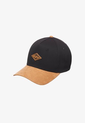 Μαύρο καπέλο baseball με καφέ καμπυλωτό γείσο από σουέντ και μικρό καφέ λογότυπο σε σχήμα διαμαντιού στο μπροστινό μέρος.