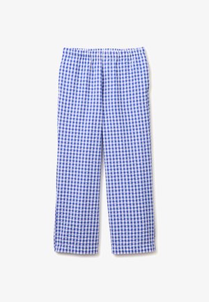 Pantalones de corte holgado con estampado de cuadros azules y blancos, con cintura elástica, mostrados extendidos sobre un fondo blanco.