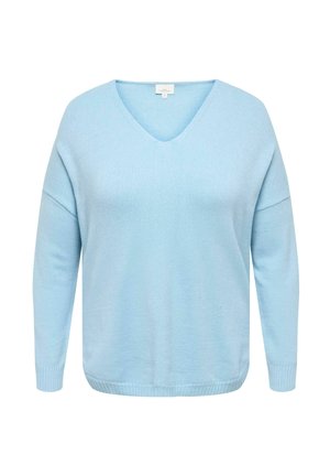 Pull bleu clair à manches longues avec col en V et poignets et ourlet côtelés, fabriqué en tissu tricoté doux.