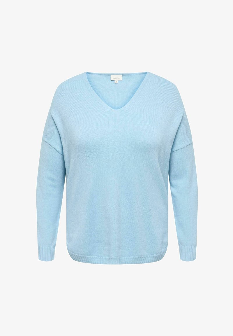 Pull bleu clair à manches longues avec col en V et poignets et ourlet côtelés, fabriqué en tissu tricoté doux.
