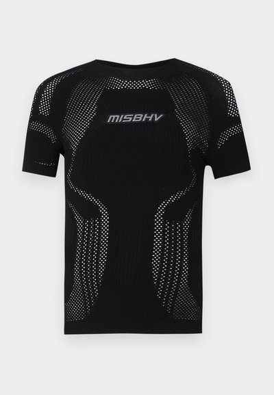Sort kortærmet top med tekstureret strik og mesh-detaljer. Har "MISBHV" logo i sølv på forsiden, der fremhæver en tætsiddende pasform.